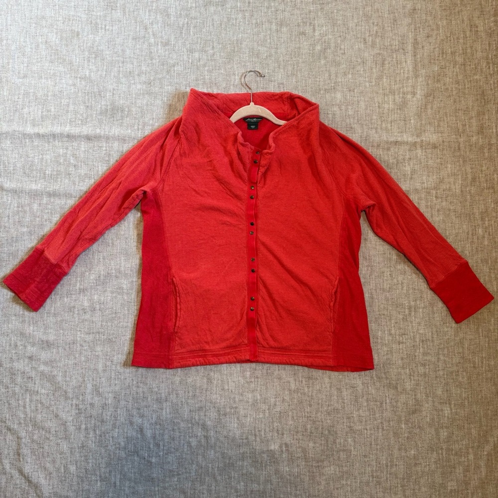 Eddie Bauer Snap Front Cardigan Large Red Ribbed Funnel Neck Pockets Top